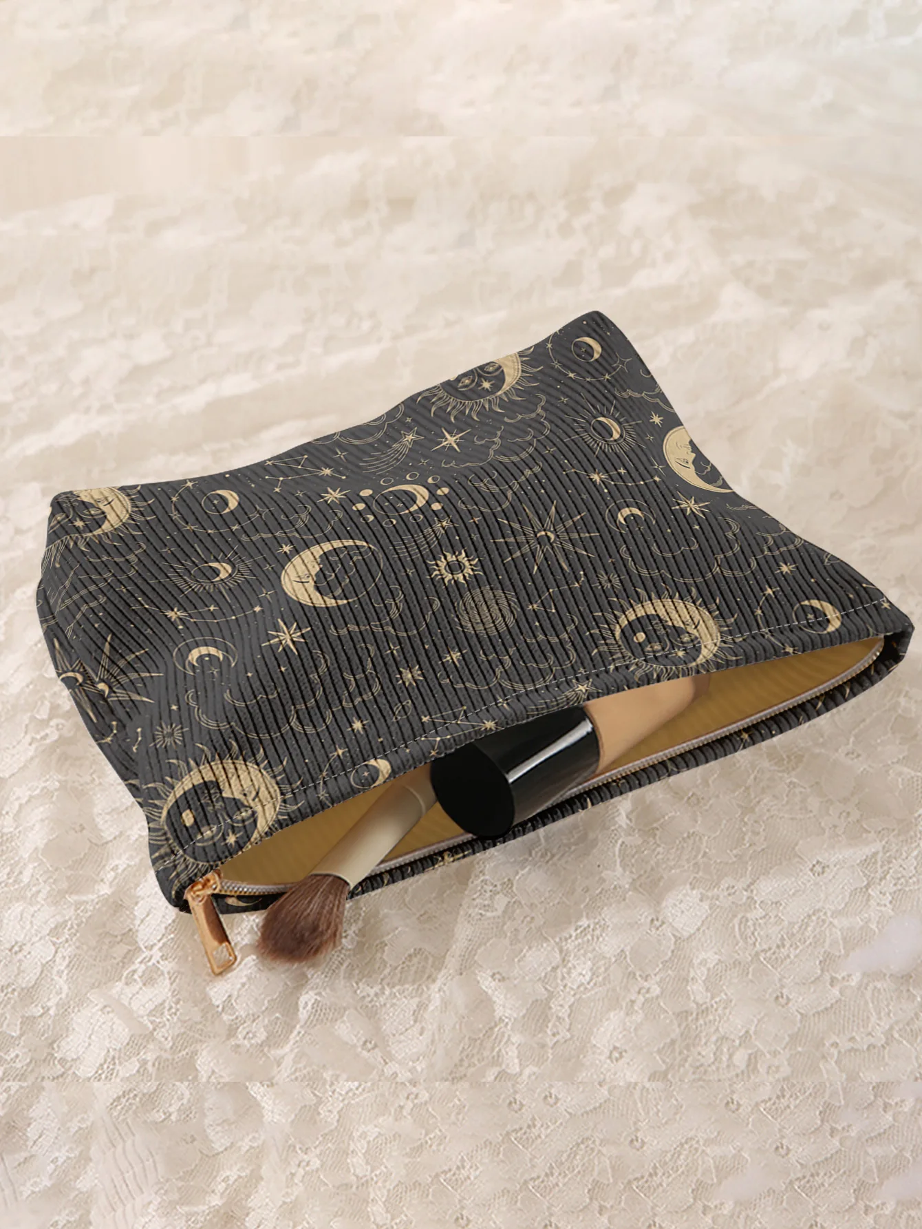Moon & star patterned corduroy makeup bag, lightweight zipper pouch, multifunctional lined bag for cosmetics