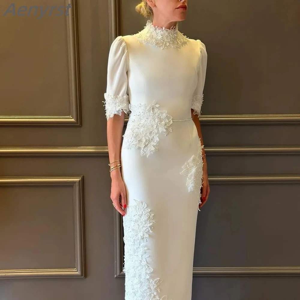 customized Prom Dresses High Collar Ankle-Length Wedding Party Dress White Appliques Pearls Belt Women Zipper Up Evening Gown