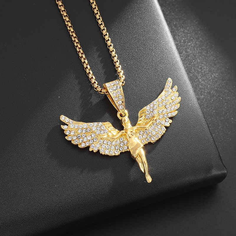 Hip Hop 5A+ Cz Stone Paved Bling Iced Out Angel Pendants Necklaces for Men and Women Rapper Jewelry