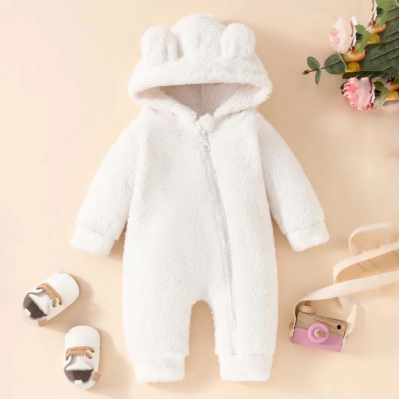 

Winter Newborn Baby Clothing White Long Sleeve Hooded Zipper Jumpsuit Solid Color Crawl Suit Baby Boy Girls Clothes 0-18 Months