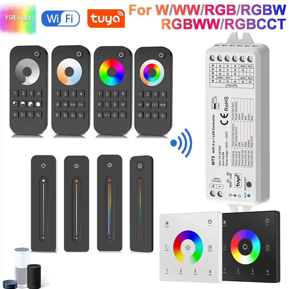 Tuya Wifi WT5 5IN1 LED Light Dimmer Controller 1/4Zone 2.4G RF Remote Universal for DC12-24V CCT/RGB/RGBW/RGBCCT LED Light Strip