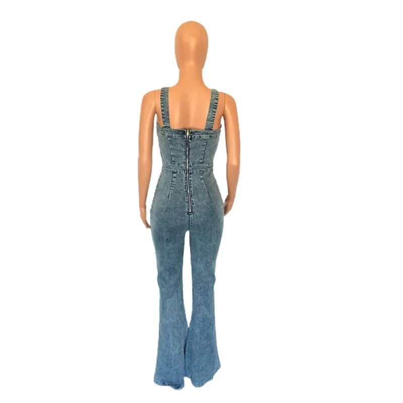 Women High Waist Button Half-open Suspenders Denim Jumpsuit Flared Jeans Female Casual Backless Zipper Splice Rompers Streetwear