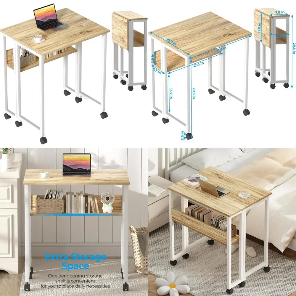 مكتب دوار مدمج مع رف تخزين - مكتب كمبيوتر قابل للطي مقاس 31.5 بوصة للمساحات الصغيرة وسهولة التجميع والتنقل