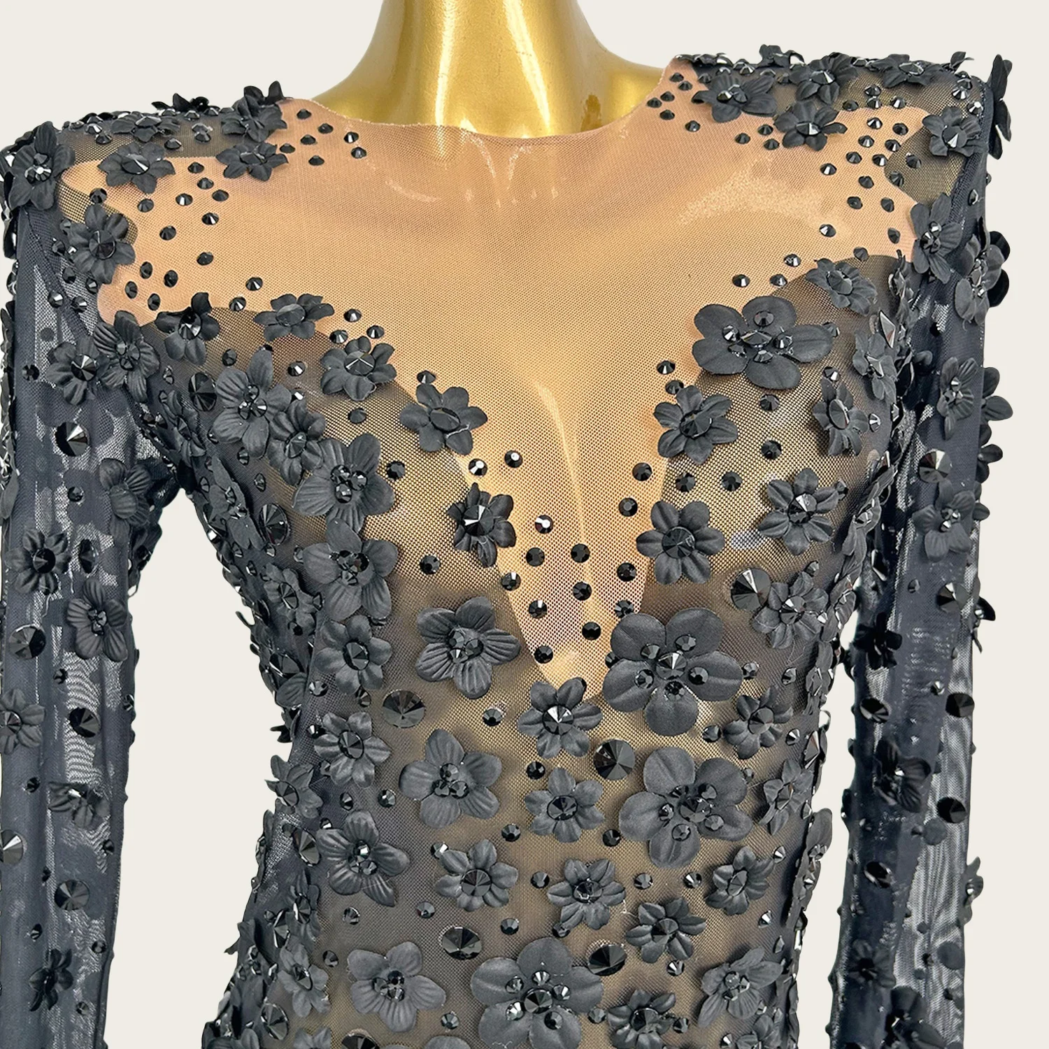 

Nightclub Dance Black Floral Mesh Long Dress Elegant Women Prom Party Internet Celebrity Photo Shoot Wear Wedding Gown Chunjie
