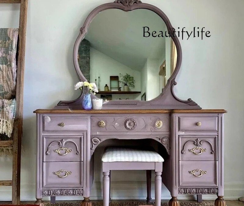 

French retro solid wood dresser home bedroom carved makeup table high-end multi-functional table
