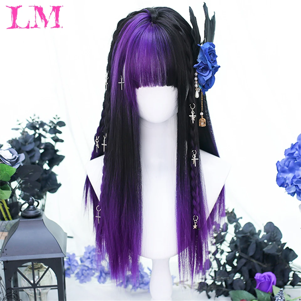 LM Purple Synthetic Wigs With Bangs for Women Long Wavy Straight Hair Wig Natural Cosplay Party Heat Resistant