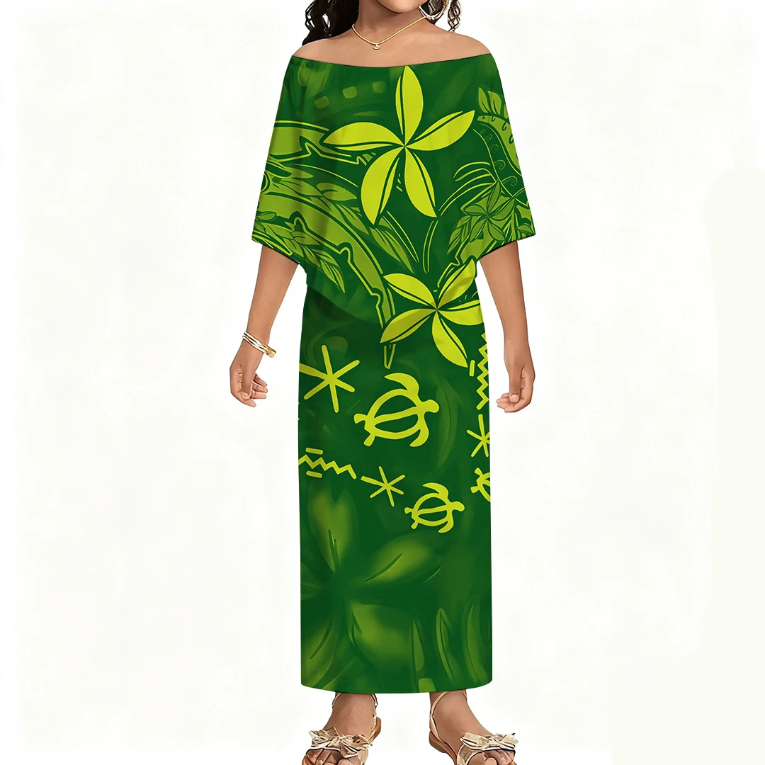 البولينيزية نمط مخصص الصيف خارج على الكتف الرجعية كبيرة الجبهة هيم فستان طويل فضفاض للفتيات والنساء