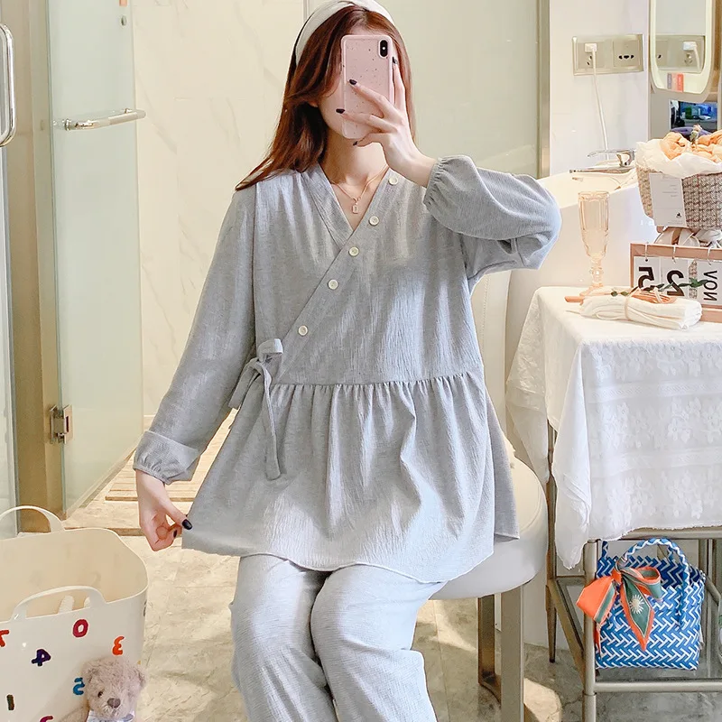 Conjunto de ropa de dormir de lactancia para mujeres embarazadas, pijama de maternidad 65% de algodón, para dormir en casa, para Hospital, primavera y otoño, novedad