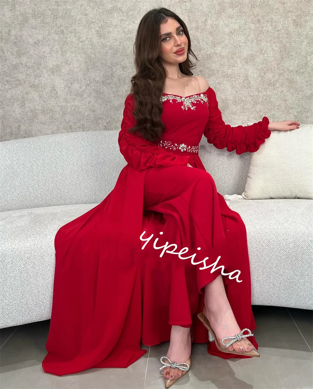 Jiayigong  Satin Draped Beading Wedding Party A-line Off-the-shoulder Bespoke Occasion Gown Midi Dresses Saudi Arabia