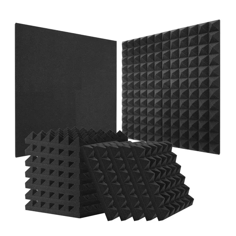 Panel Busa Akustik Peredam Suara Bentuk Piramida Tahan Api 12x12x2 Inci Hitam 24 Buah untuk Studio Peredam Suara