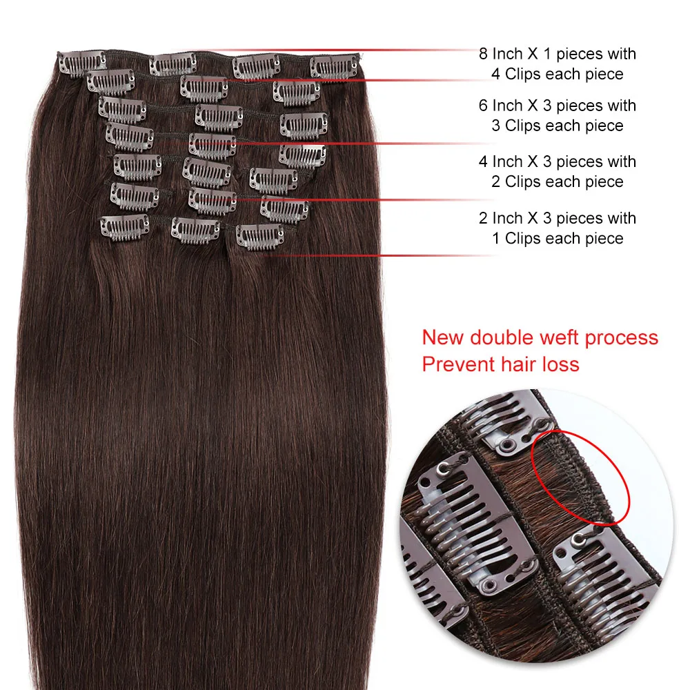 Doczepiane włosy Clip In Brown Straight Remy Hair Clip In Human Hair Extension For Women Double Weft Clip-On HairPiece 24 Inch # 4