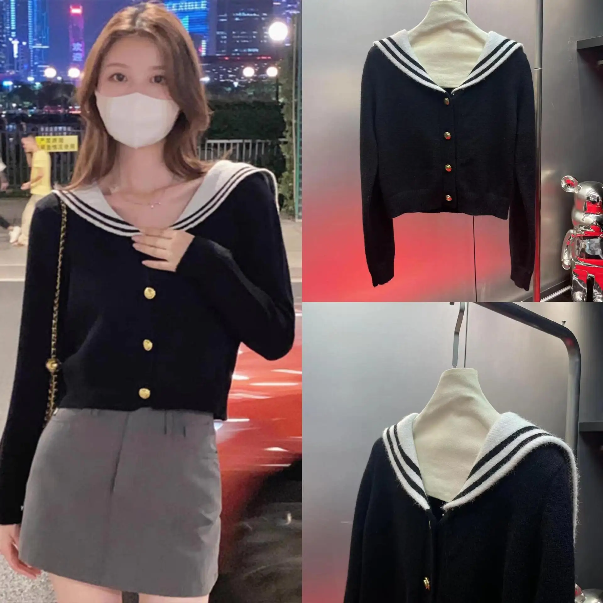 Korean Knitted Striped Cardigan Women Slim Casual Sailor Collar Cropped Top