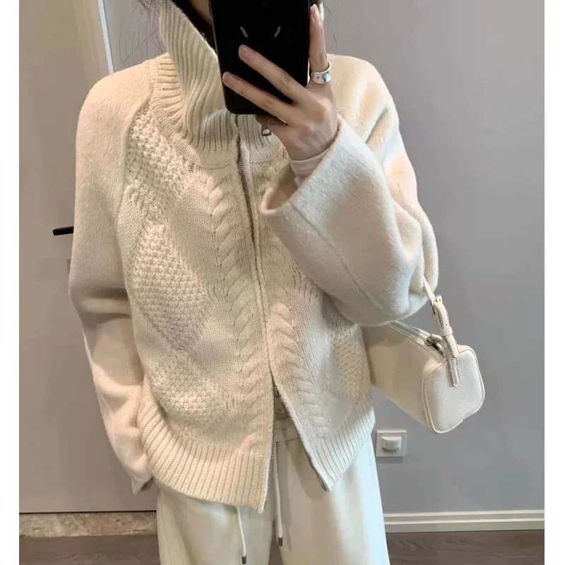 High-end soft twist flower double zipper turtleneck 100% pure wool knitted cardigan loose thickened sweater bottom coat