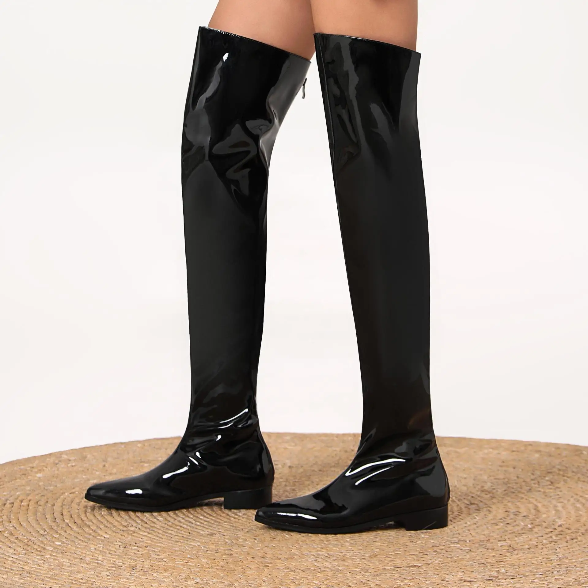 

Autumn/Winter Women's Black Patent Leather Over-The-Knee Boots Pointed Toe Low Heel Fashion Party Evening Shoes Stylish Foot