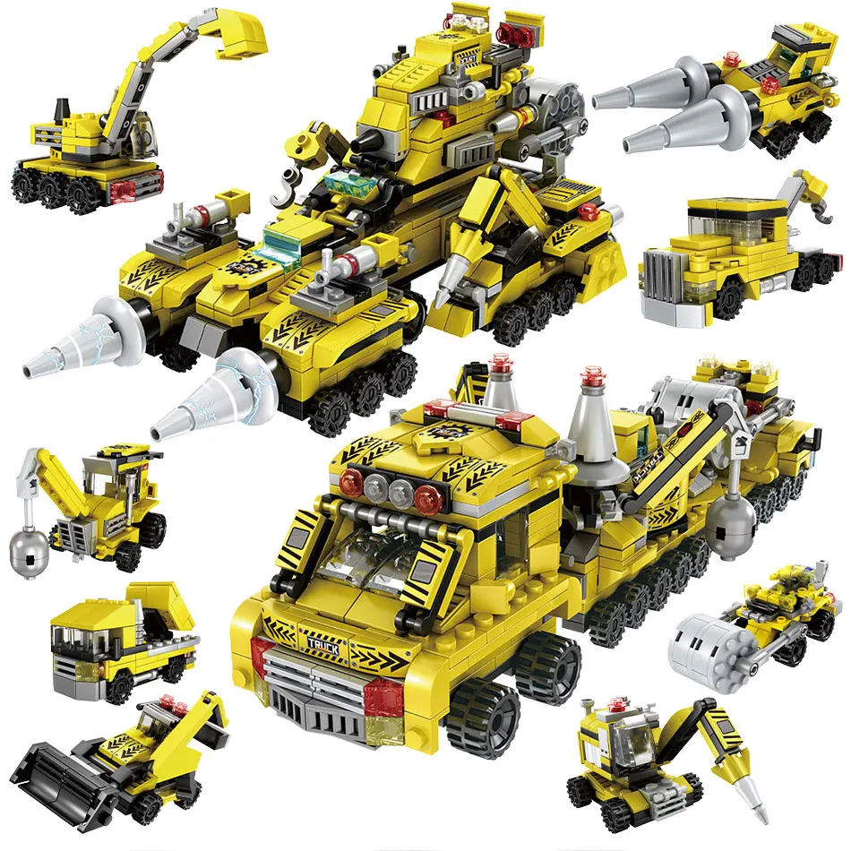 

762Pcs 8 IN 2 Urban Engineering Deformation Building Blocks City Bulldozer Excavator Crane Vehicle Trailer Toys For Children