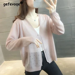 Women Stylish Hollow Out V Neck Single Breasted Sunscreen Cardigan Elegant Solid Long Sleeve Loose Ice Silk Knitted Sweater Coat