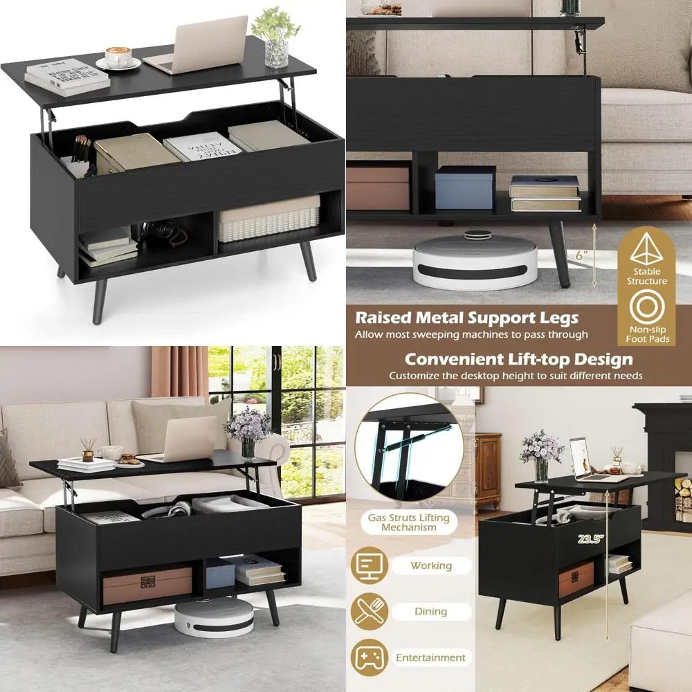 

Modern Lift Top Coffee Table with Hidden Storage and 2 Shelves, Wooden Pull, Contemporary Cocktail Table for Living Room