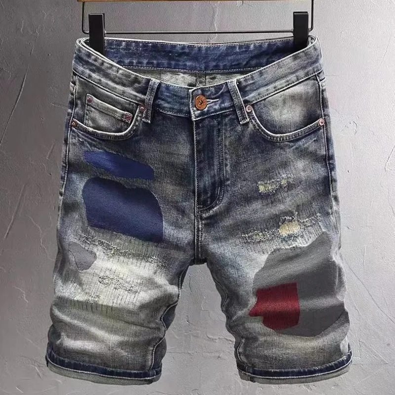 

Kpop Korean Fashion Luxury Men's Vintage Distressed Denim Shorts Knee Length Casual Summer Designer Cowboy Patchwork Men's Jeans