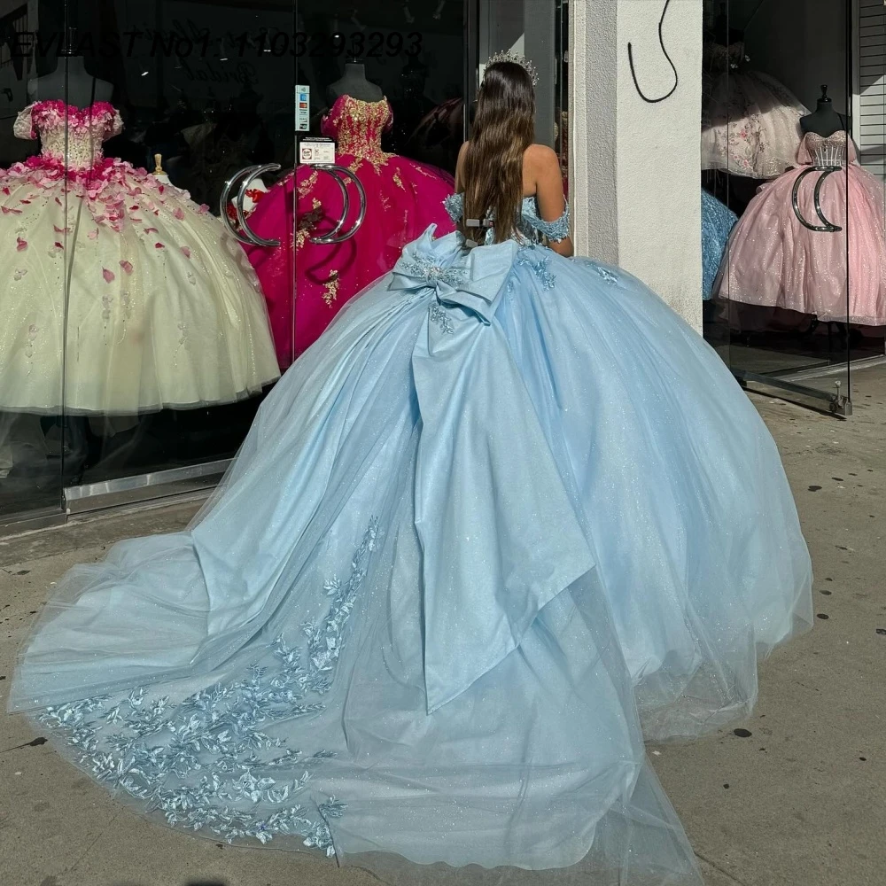 

EVLAST индивидуальное небесно-голубое бальное платье 2025 года, платье Quinceanera, кружевная аппликация, бисер, бант, многоуровневое сладкое платье 16, Vestidos De 15 Anos E1Q867
