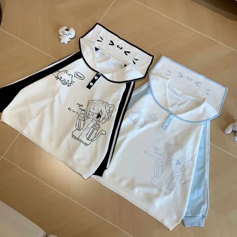 2025 Japanse Cartoon Afdrukken Hoodie Vrouwen Harajuku Sailor Kraag Patchwork Losse Sweatshirt Y2k Esthetische Knop Casual Hoody