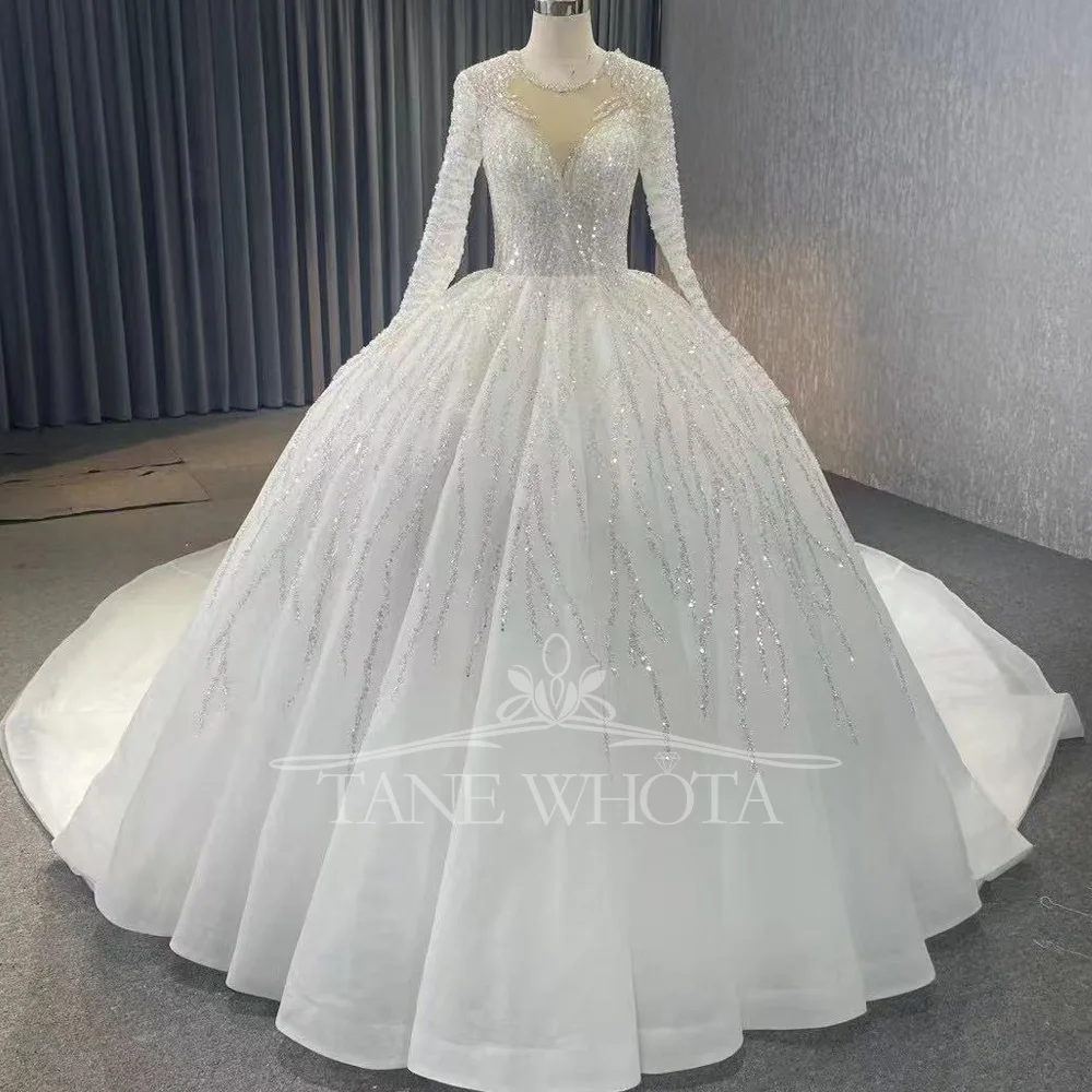 Vestidos Boda O-Neck Long Sleeve Lace Up Back Sequined Ball Gown Customized Wedding Dress Luxury