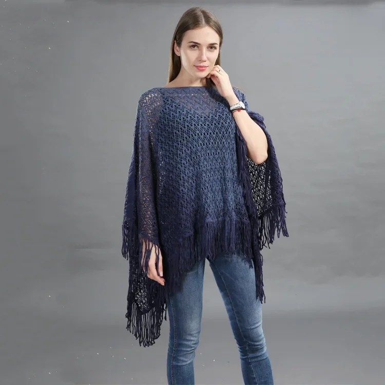 Spring Autumn New Double-layer Irregular Shawl Hollowed Out Tassel Lattice Cloak Versatile Loose Pullover Poncho Black