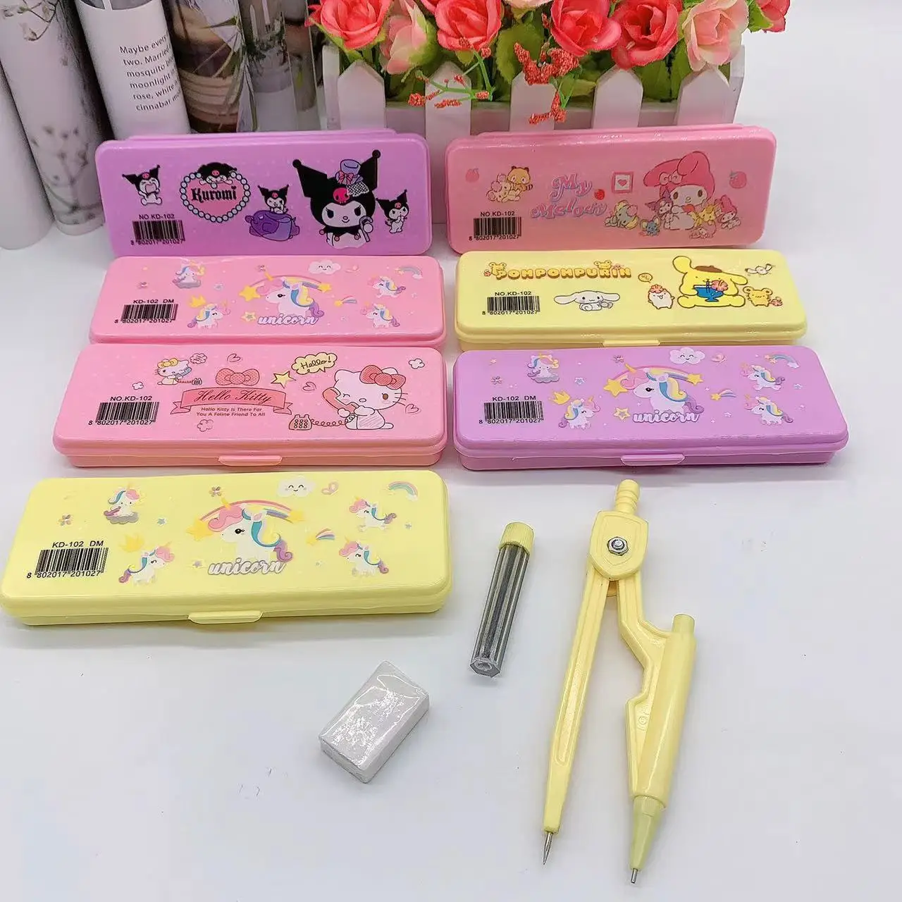 Sanrios Mymelody Kuromi kawaii Anime Cartoon Geometry Protractor Set Drawing School Eraser Compasses Set Math Eraser Gift