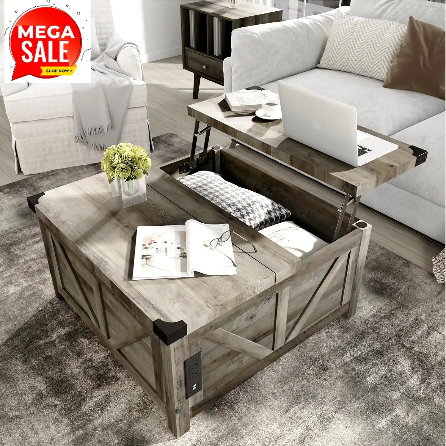 

Бестселлер: Журнальный столик в стиле фермерского дома с подъемной столешницей и местом для хранения, деревянный квадратный центральный столик с зарядной станцией и USB-портом, для гостиной