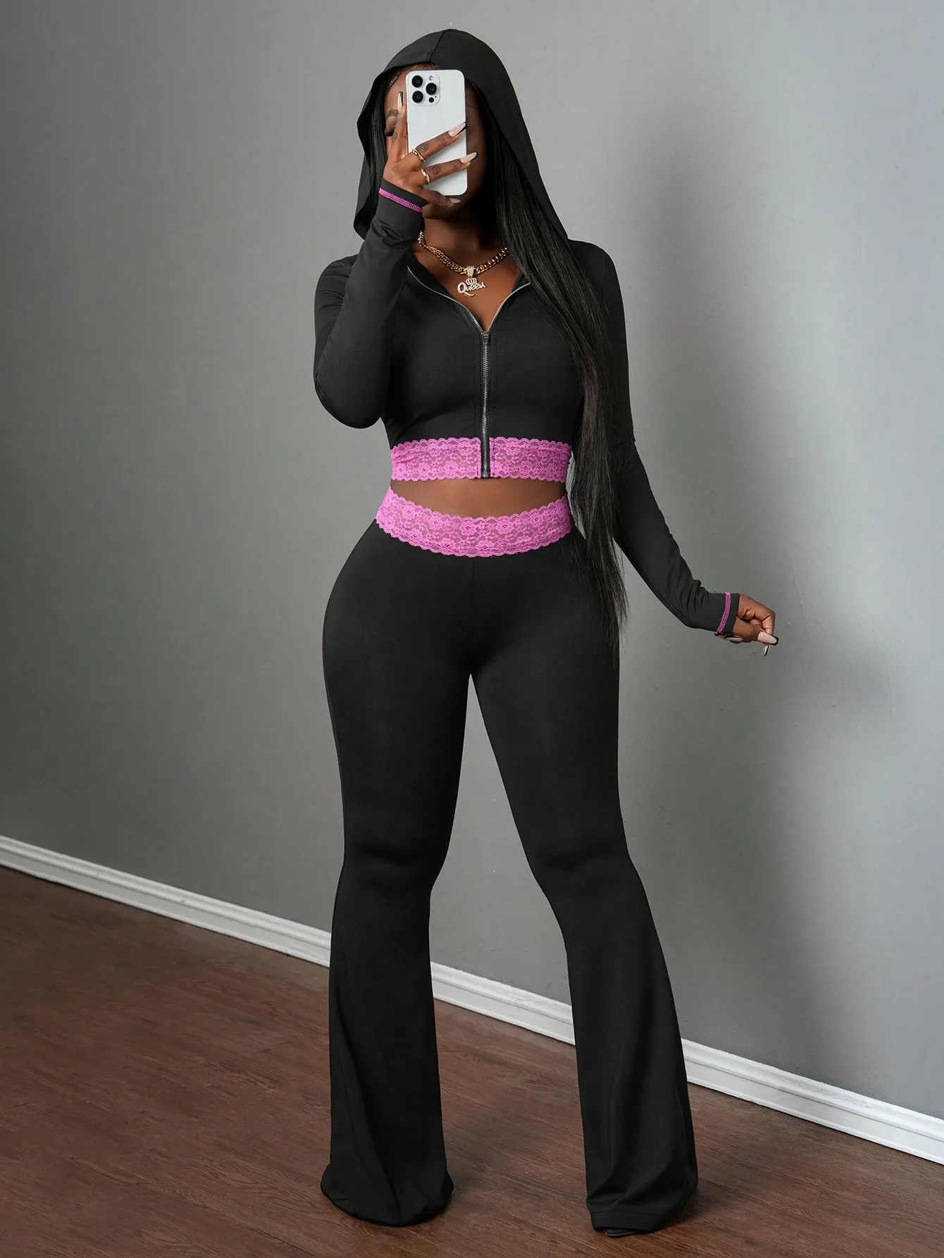 

Black Hooded Zip-Up Crop Top with Pink Lace Trim and Flared Leggings Set