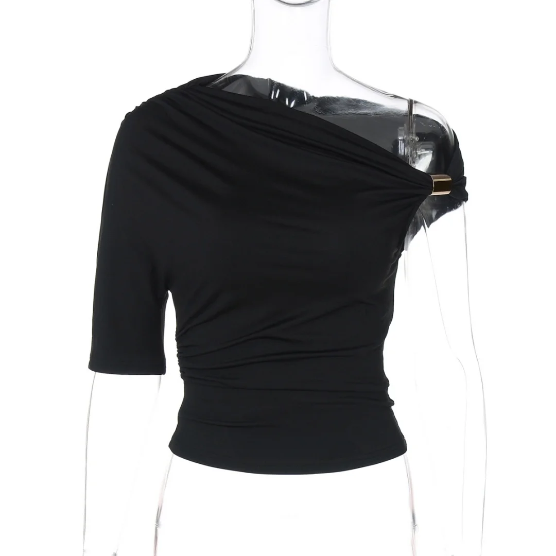 تي شيرت ضيق بأكمام واحدة بلون سادة بدون أكتاف غير متماثل ومطوي للنساء