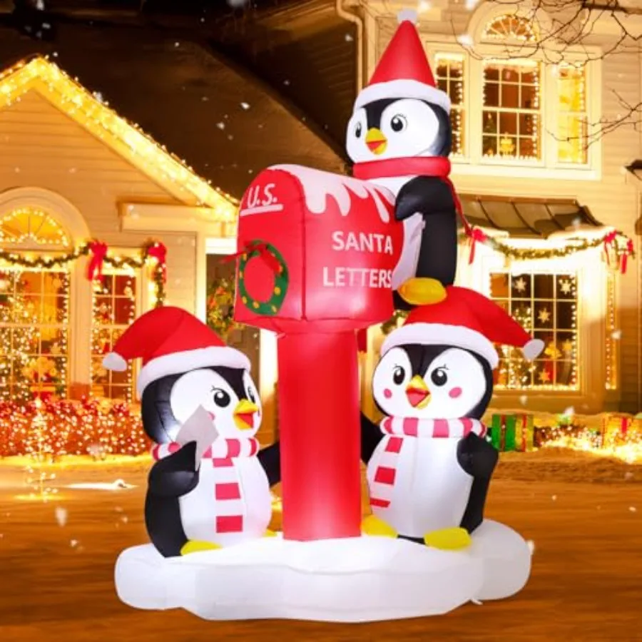 

Outdoor Christmas inflatable penguins set with Santa letterbox, PVC material, white/black/red, built-in LEDs for yard, garden,
