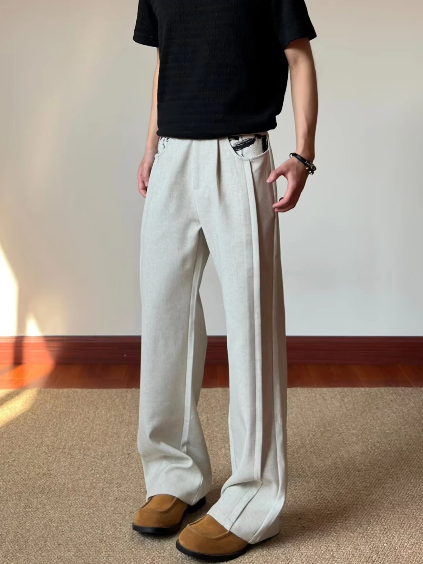 

Мужские повседневные брюки прямого кроя с цветочной вышивкой и драпировкой, классические прямые брюки для весеннего сезона