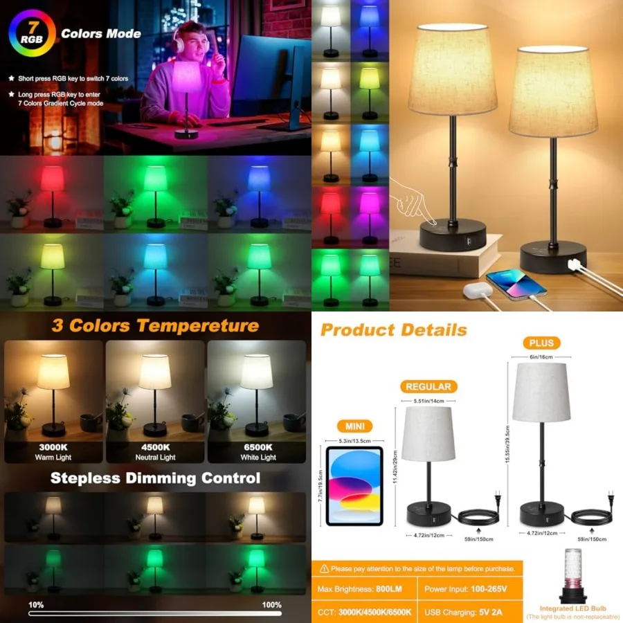 

Bedside Table Lamp Set of 2, RGB Color Changing, 3 Color Temperatures, Dimmable Nightstand Lamp with USB C+A Ports, Touch Desk