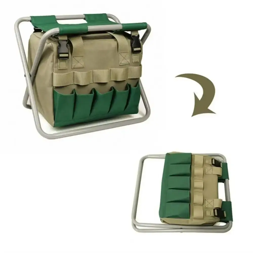 

2 in 1 Foldable Garden Stool Detachable Canvas Portable Folding Chair Green Large Capacity Garden Tools Storage Bag Gardening