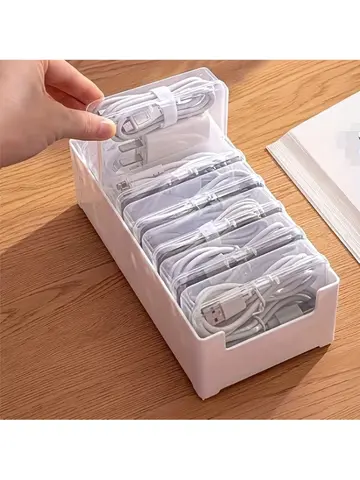 Data Cable Storage Box with 7 Small Compartment Boxes, Desktop Cable Organizer for Office Desk