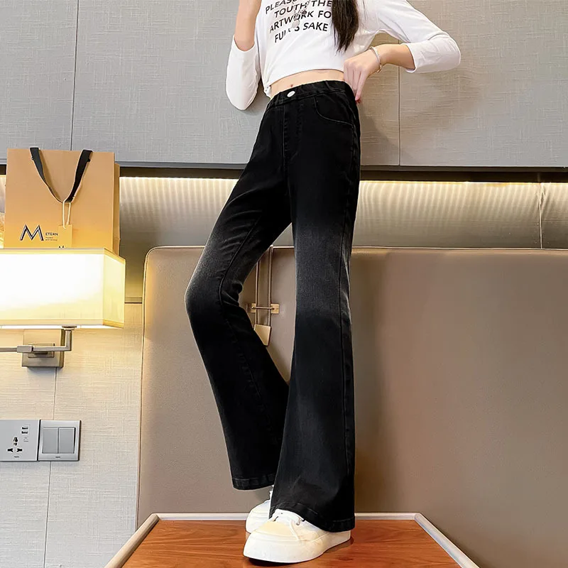 New Spring Girls Jeans For Teenager Girl Denim Material High Waist Split Trousers Flare Pants Children Clothes For 5-16 Years