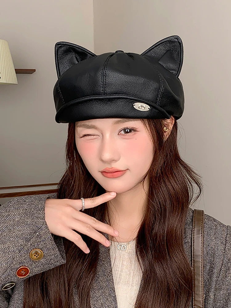 boina-retro-de-couro-pu-com-orelha-chapeu-feminino-outono-inverno-legal-doce-sle-rosto-octogonal-emagrecimento-faionable-versatil-artis