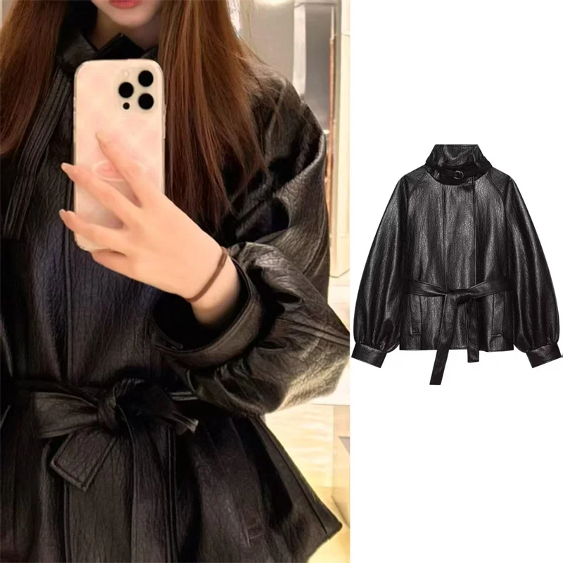 Guobioziy 2026 Women's Jacket Fall New Arrival Long-Sleeve Faux Leather Belt Motorcycle Loose Jacket Parka Stylish and Trendy