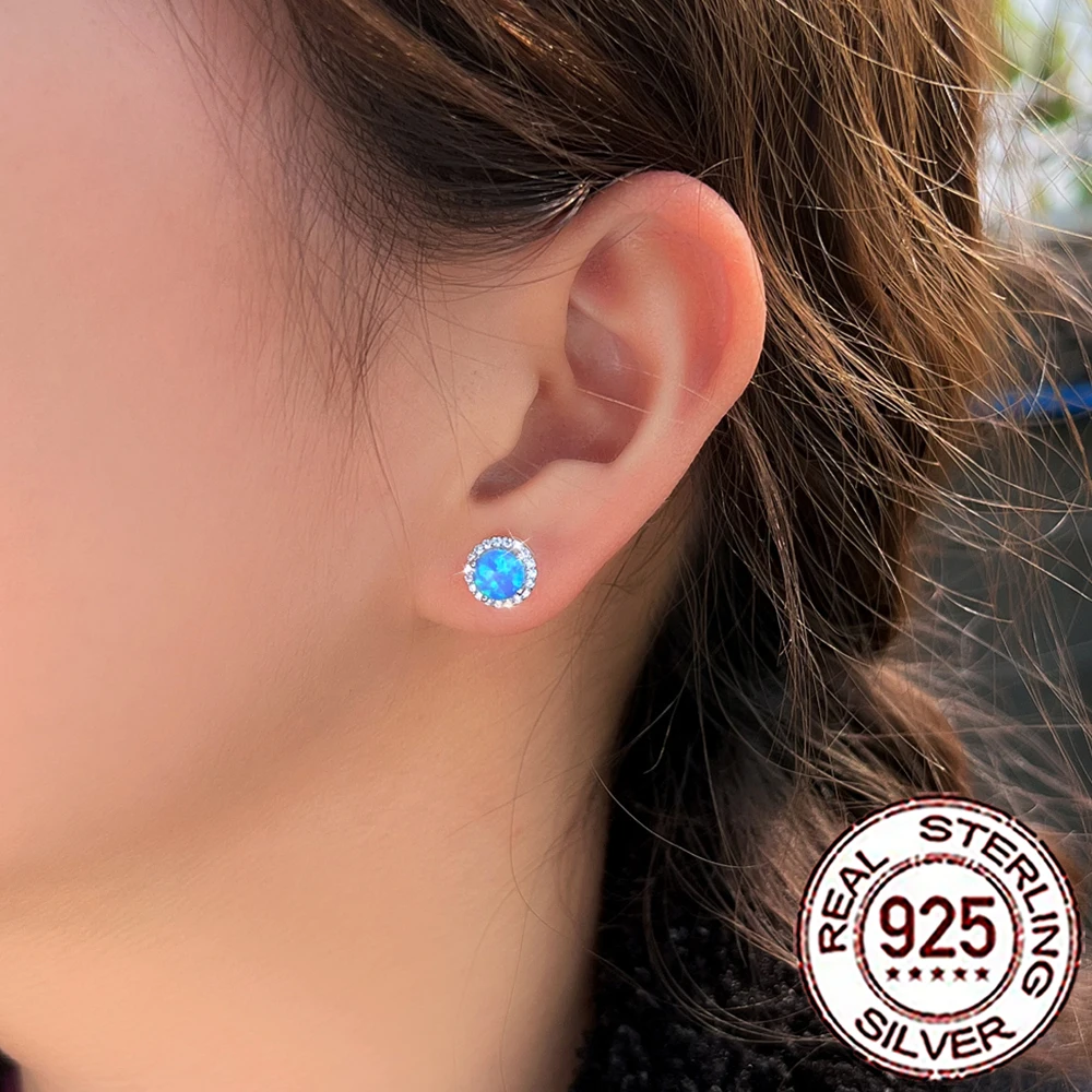 QooLady 925 Sterling Silver Delicate Blue Mystical Opal Large Round Stud Earrings for Women Mother Day Fine Jewelry Gifts SE121