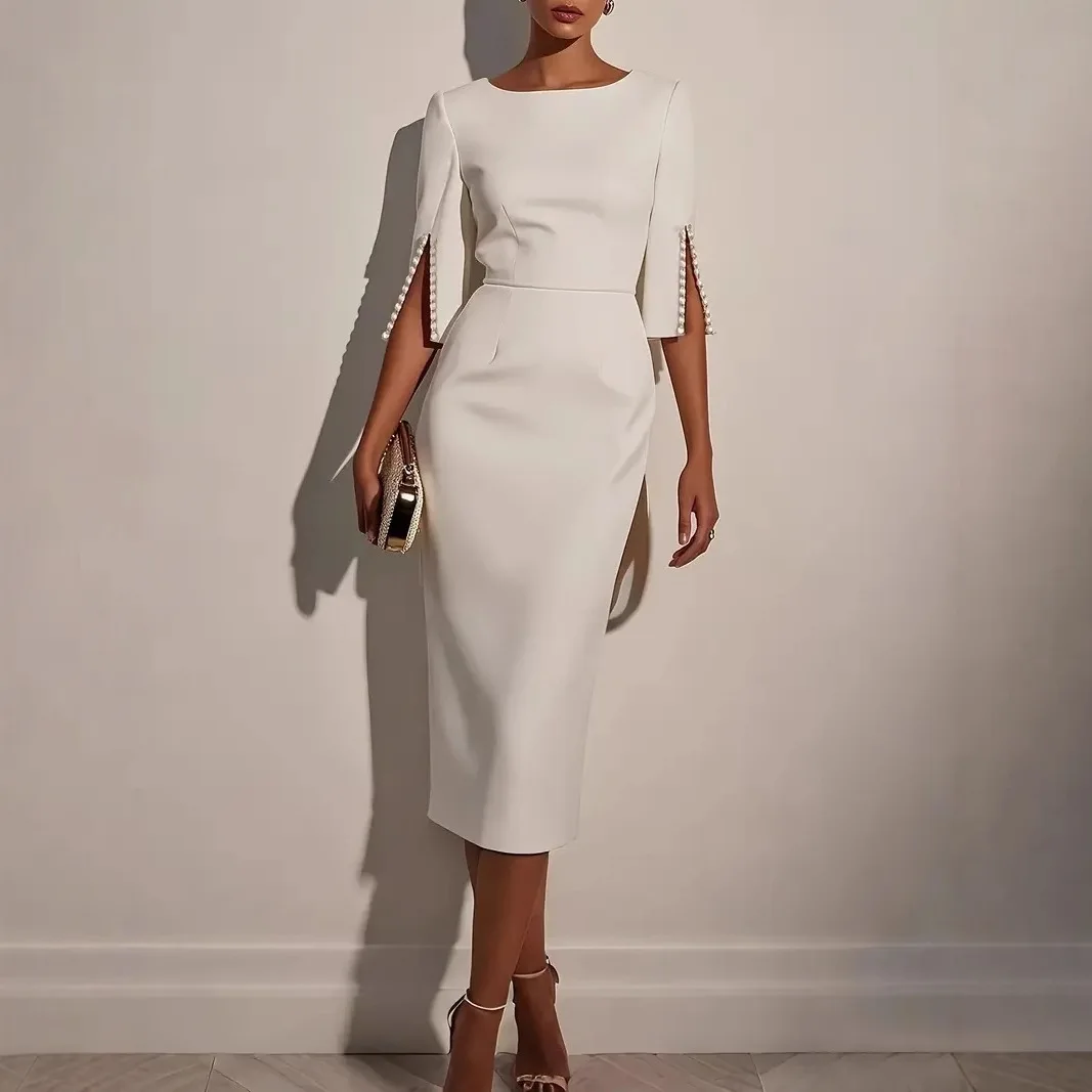 Neue Einfarbig frauen Kleid Elegante Modische Frühling Sommer Rundhals Einfache Hülse Mit Drei Vierteln frauen Kleid