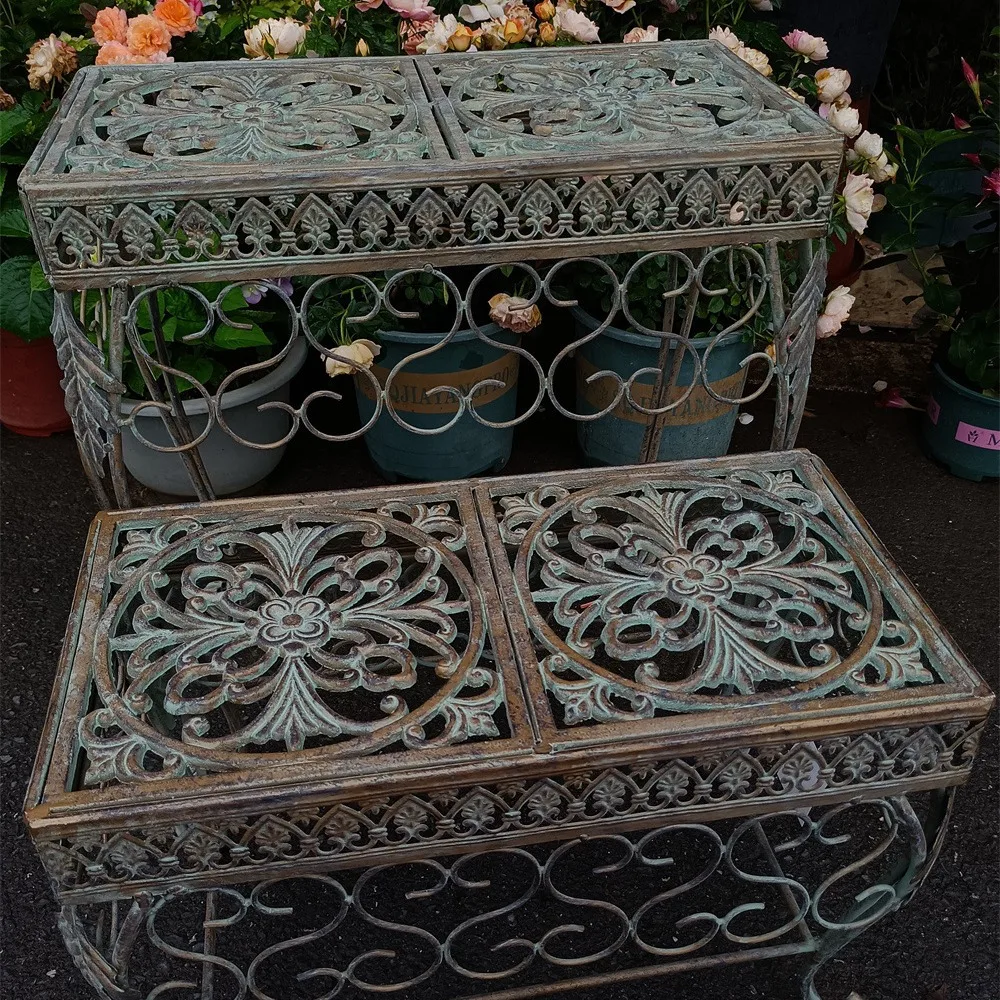 Wrought Iron Flowerpot Organizer Holder Plant Display Stand Double Rectangle