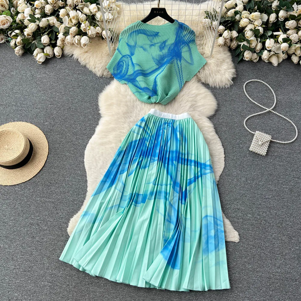 Summer Runway Pleats Floral Print Two Piece Set Women Half High Collar Stretch Top+Elastic Waist Long Pleated Suit Outfits