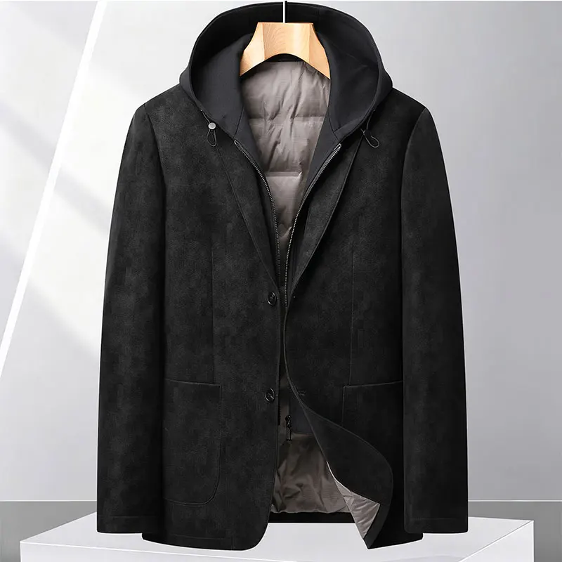 Men Blazer Style Down Jacket 90% Duck Down Detachable Hood PU Suede Fabric Winter Business Warm Casual Coat