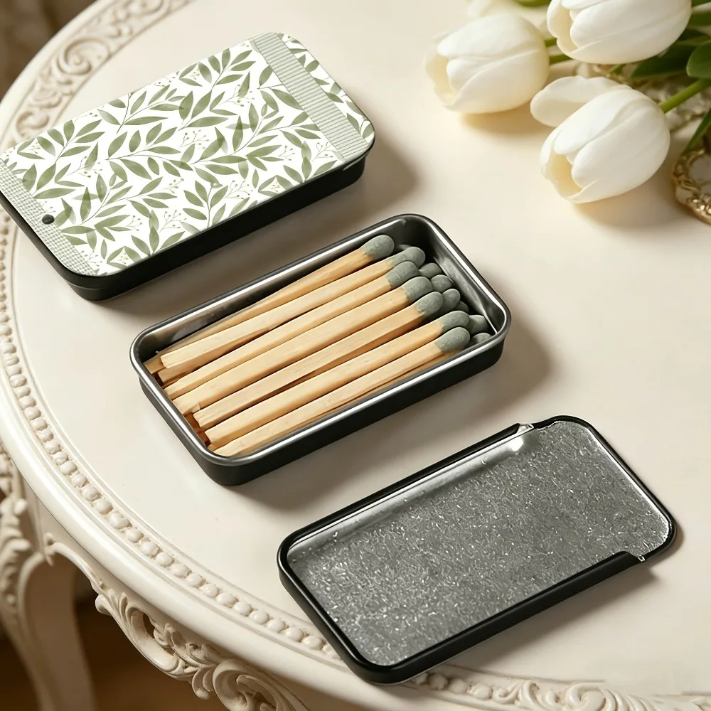 Green Leaf Pattern Tin Matchboxes Decorative Safety Matches with Long Wooden Sticks for Candles and Home Decor