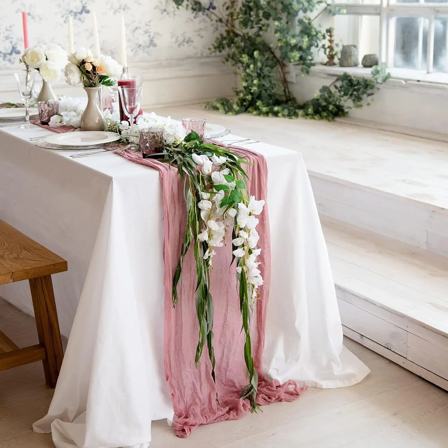 2/3/6PC Cheesecloth Table Runner Dusty Pink 10FT Boho Gauze Cheese Cloth Table Runner for Party Long Rustic Sheer Table Runners