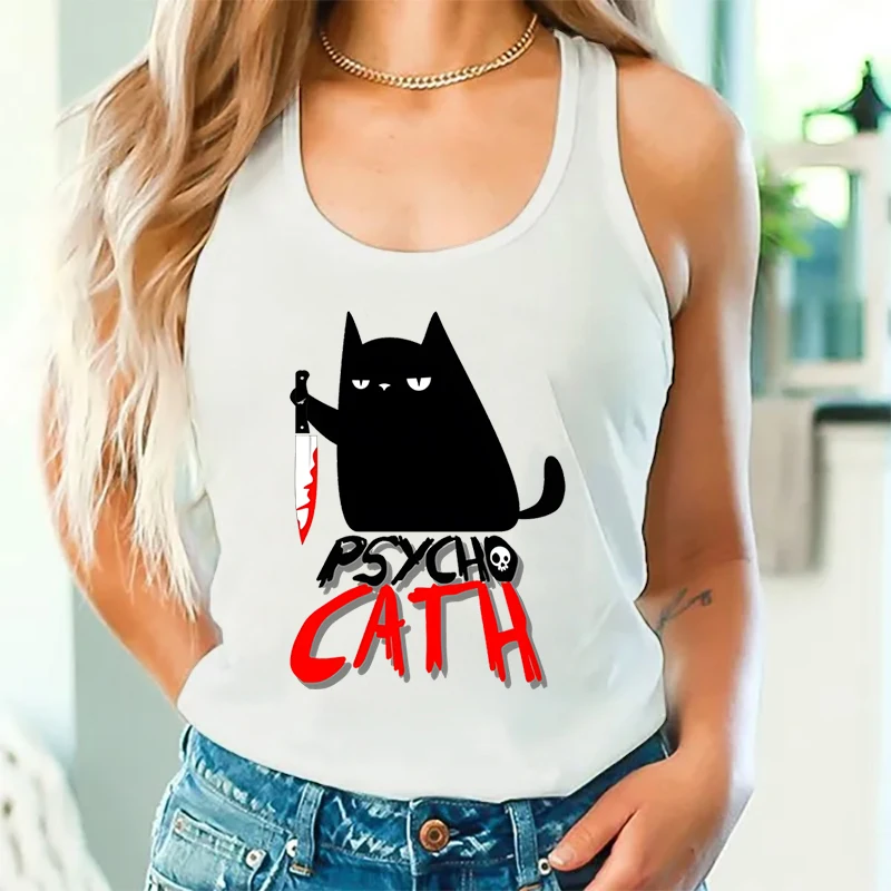 Funny Psycho Cat Graphic Tank Top Women Halloween Cat Knife Blood Clothes for Women Black Cats Funny Gifts Woman Racerback Tanks