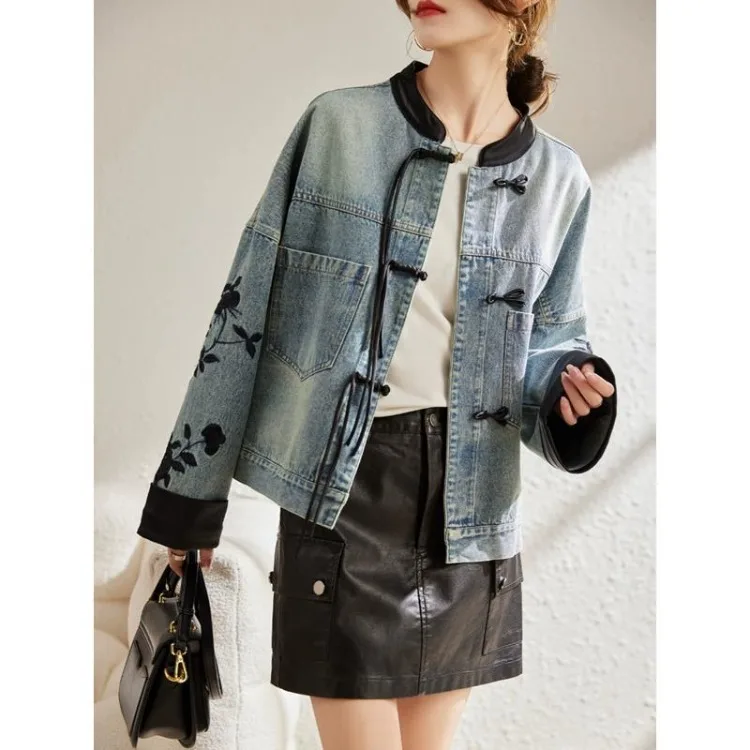 New Chinese Style Stand Collar Denim Jackets 2024 Spring  Embroidery Coat Women Y2k E-Girl Long Sleeve Loose Tops Mujer