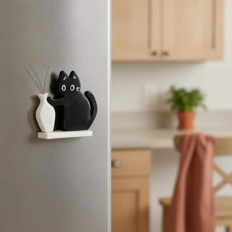 Cat Whiskers Collection Magnetic Memorial Box Cartoon Black Cat Pushing Vase Ornaments Home Decor Storage