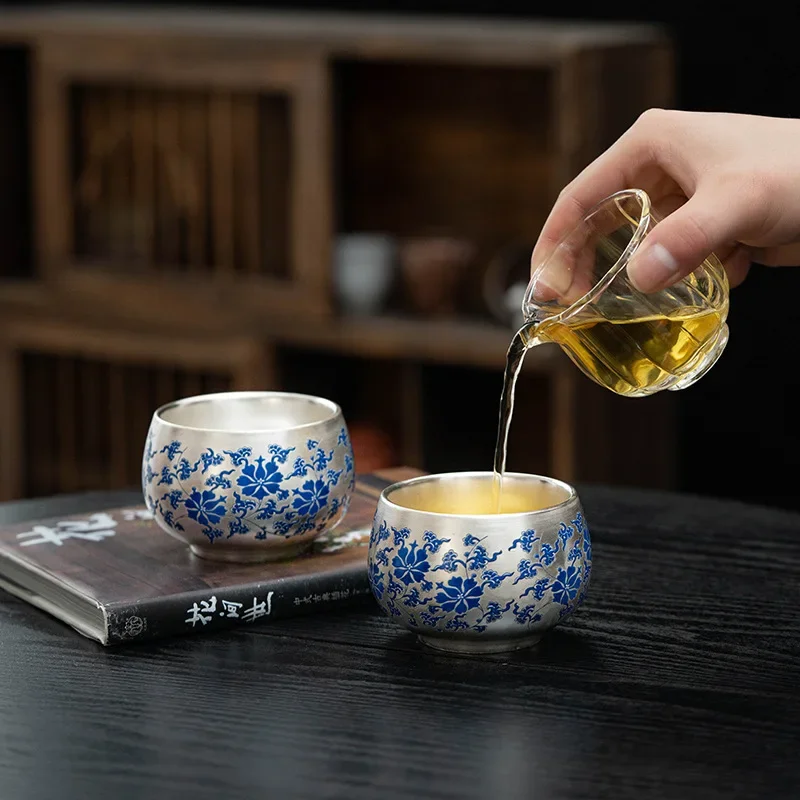silver teacup creative ceramic silver cup blue and white tangled lotus sterling silver master  single cup gift