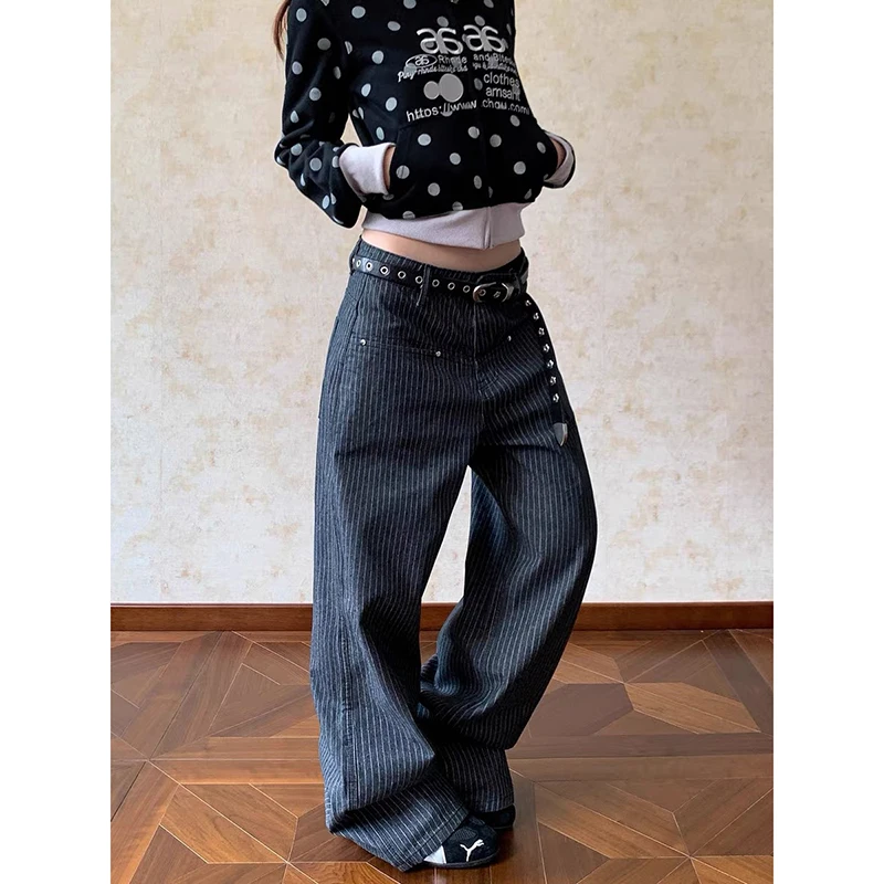 ZHIZOU Autumn Y2K Vintage 90s Gray Striped High Waist Wide Leg Pants Women Long Loose Trousers Full Length Bottom Jeans Pants